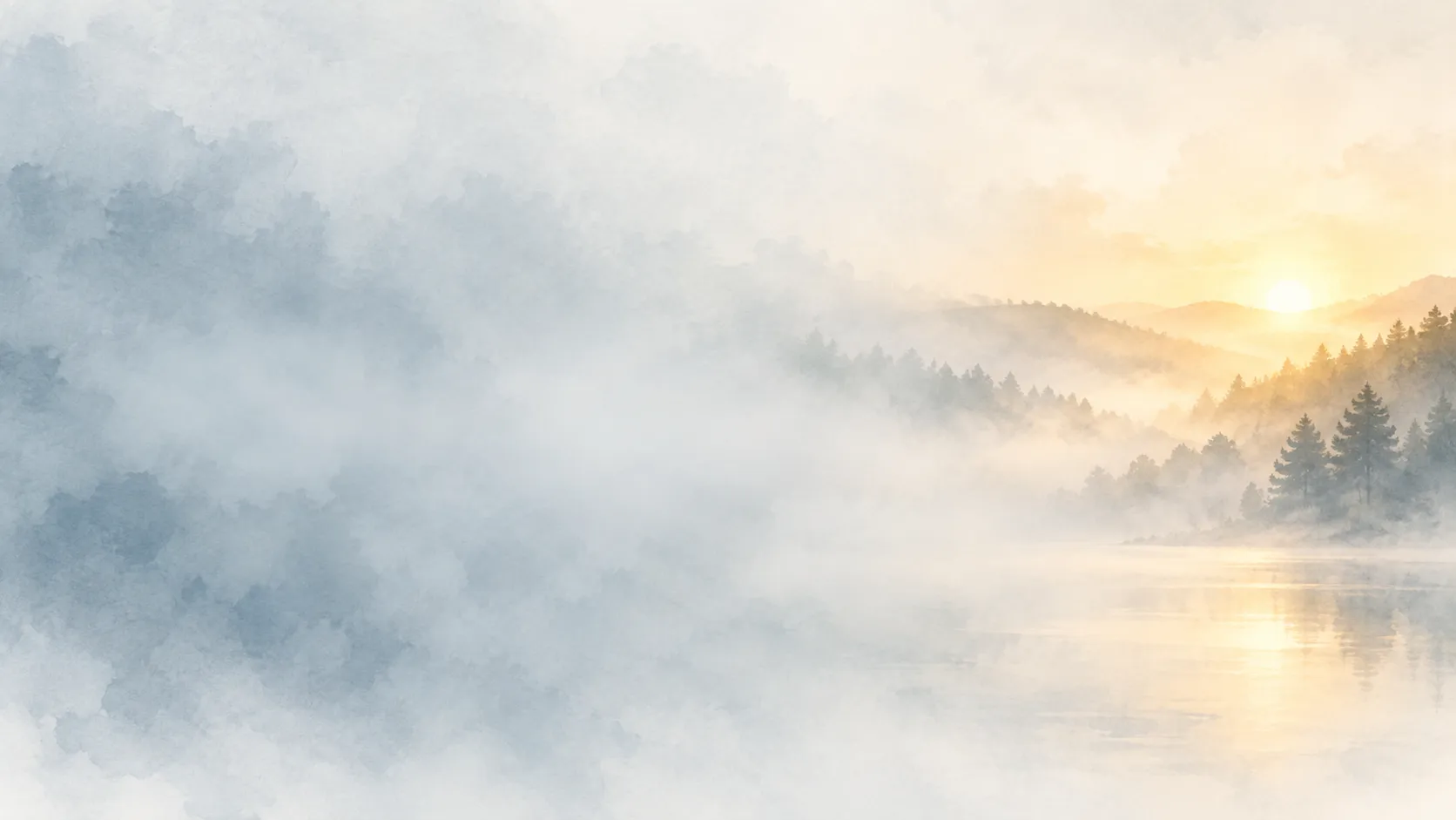 A misty landscape opening into warm sunrise